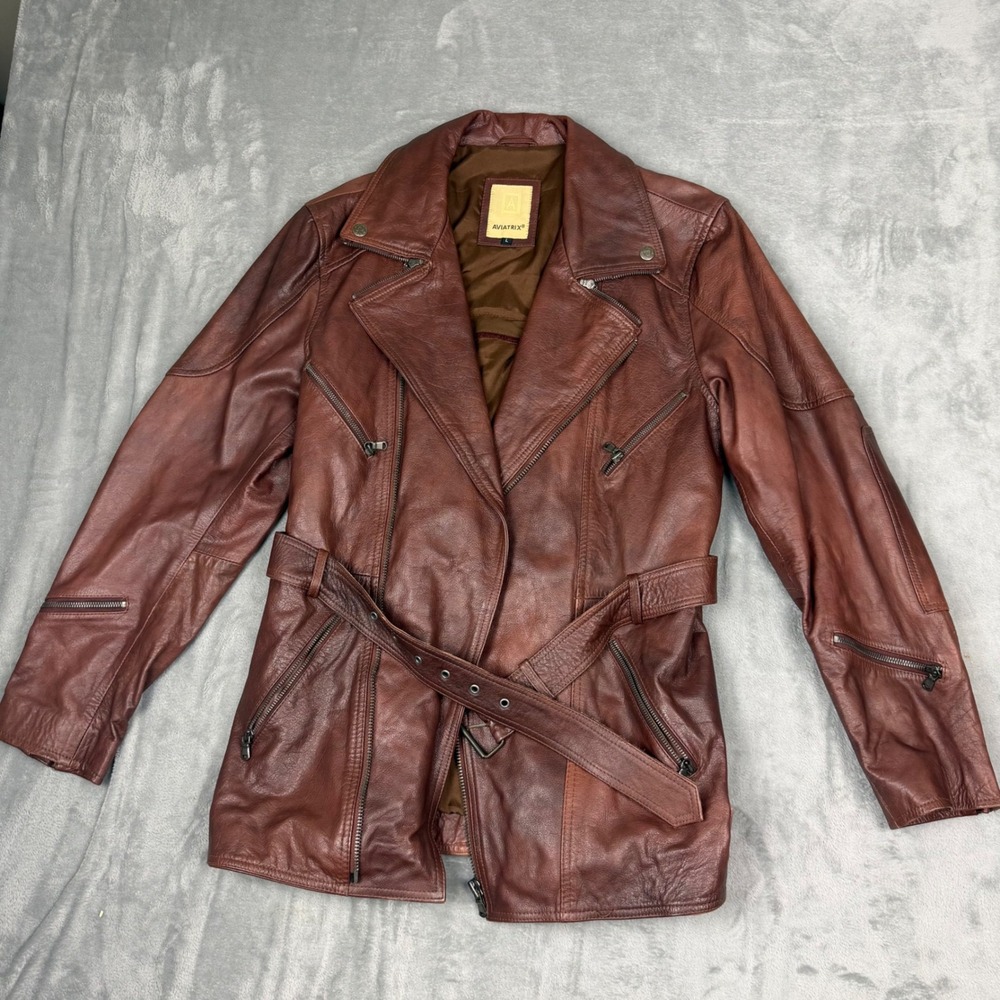 Aviatrix Jacket Womens Large Brown Leather Belted Biker Moto Zip Up Long Sleeve